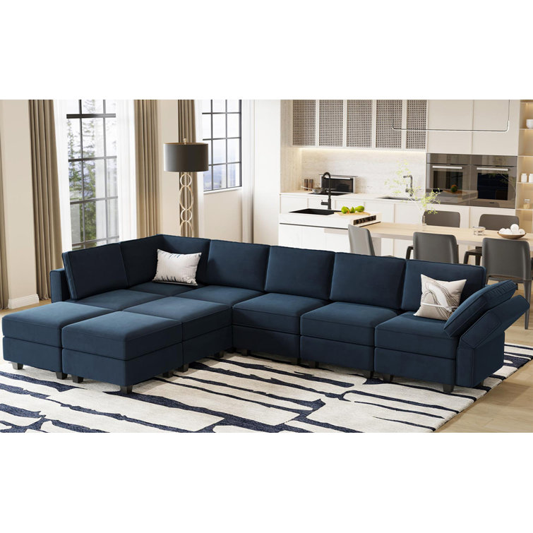 Blue velvet shop sectional wayfair